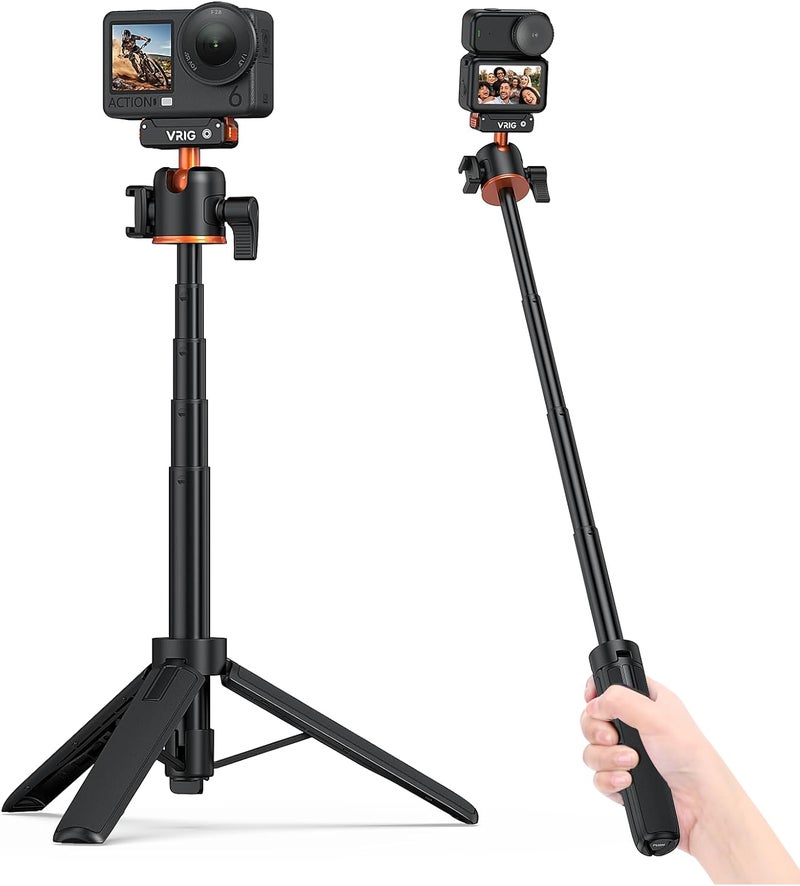 VRIG Action Camera Selfie Stick Tripod for DJI Osmo Nano/Action 6, Dual-Direction Magnetic Quick Release Adapter 360° Ball Head & Cold Shoe Mount, 8 to 21 inches Extendable Rod, AC-40N - Image 1